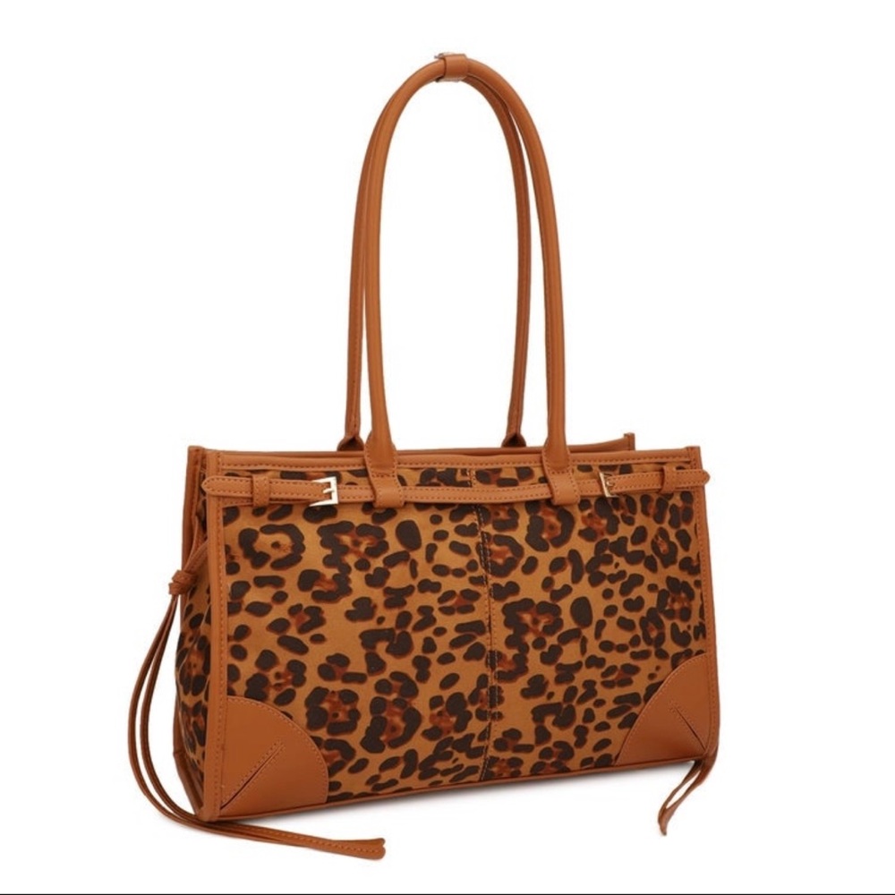 Leopard Print Brown Leather Tote Bag